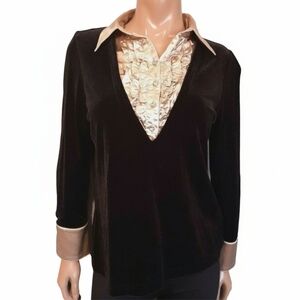 3/$20 Vintage 90s Tanjay Ruffled Satin Velvet Layered Sweater Metallic Gold